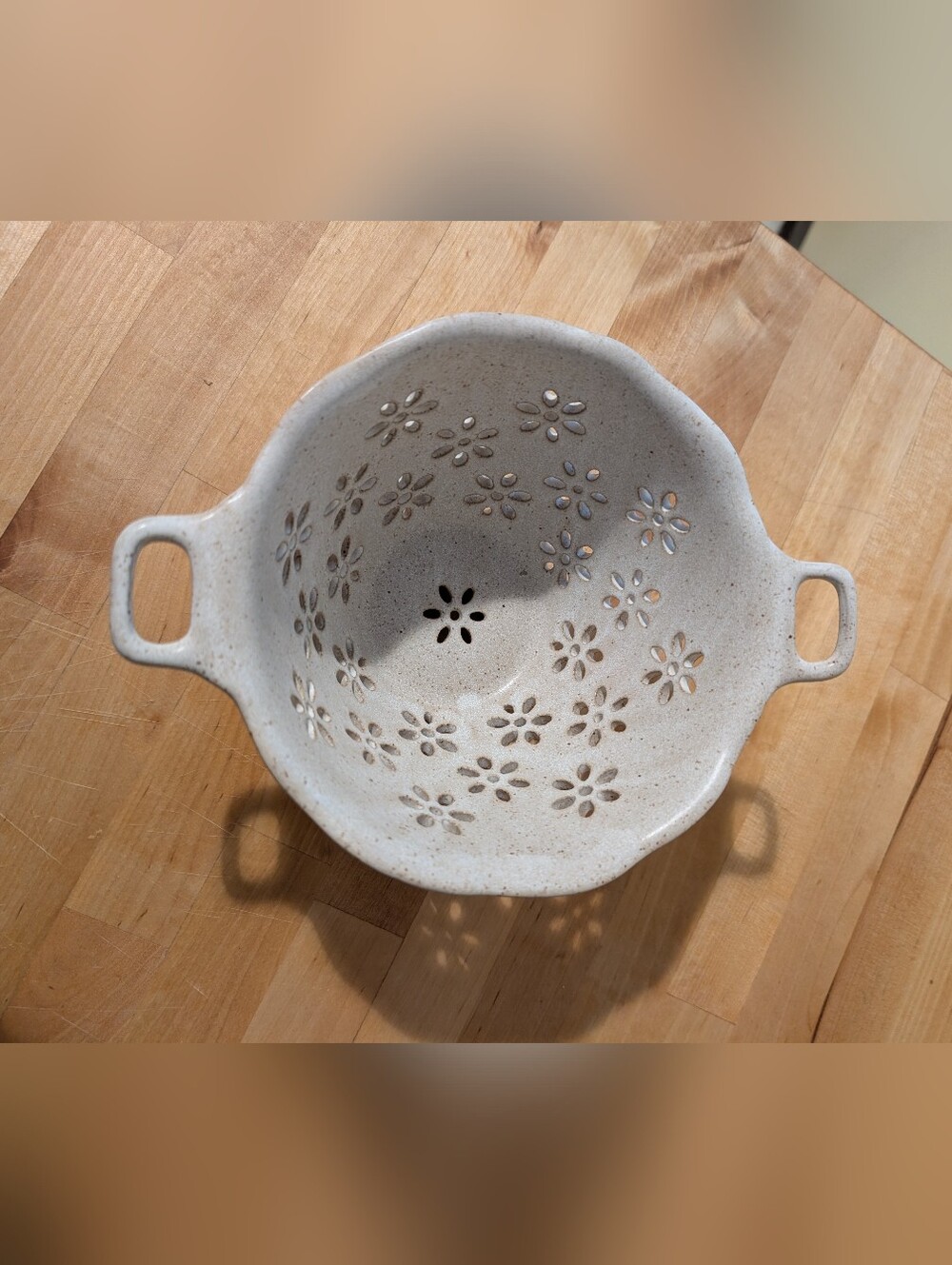 Urban Outfitters Speckled Ceramic Colander with Flower Cutouts